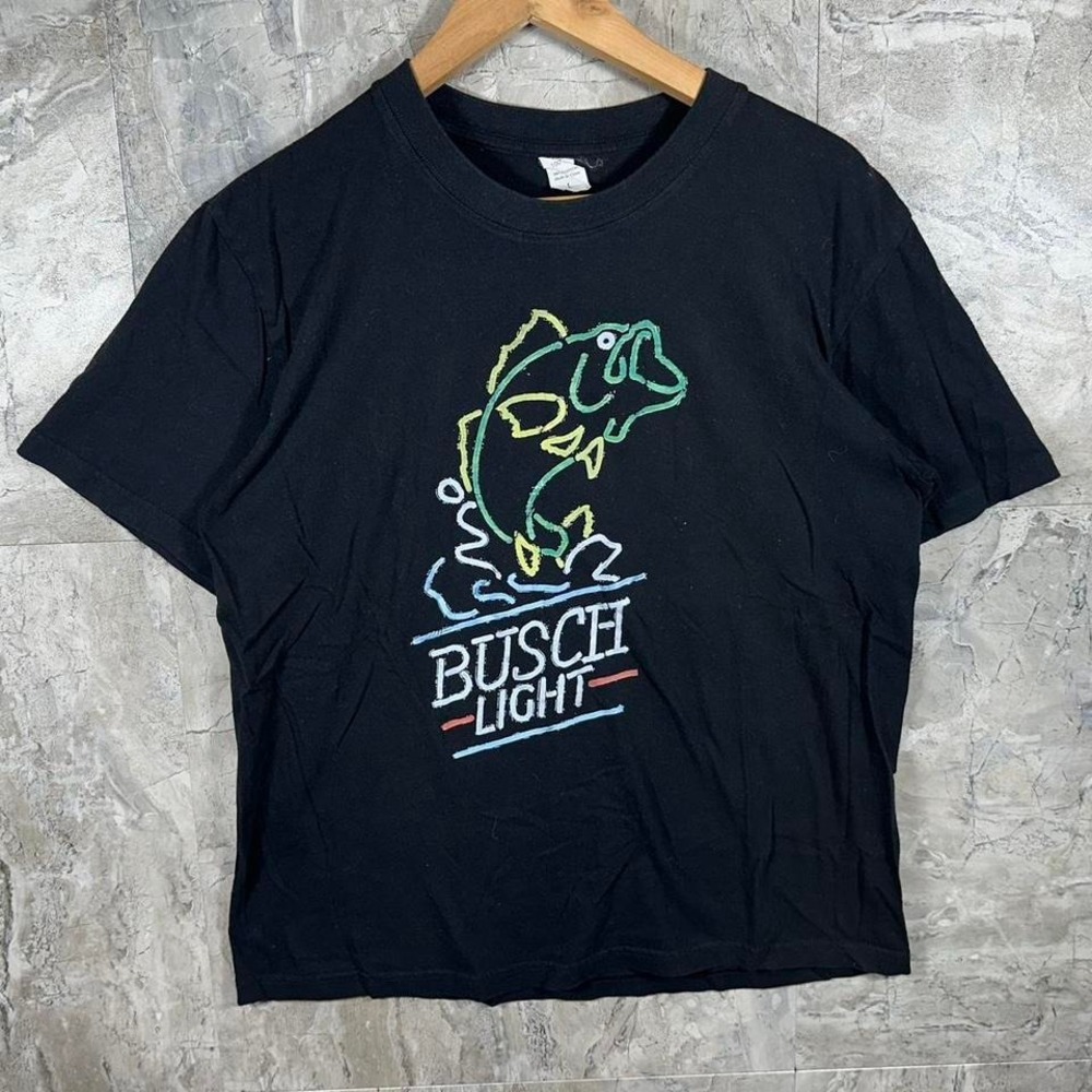Busch light bass neon T-shirt black men men's size large 100% cotton #Beer